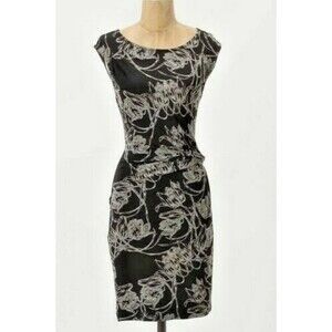 Leifsdottir Anthropologie Dress XS Black Grey Floral Ruched Side Knot Sleeveless